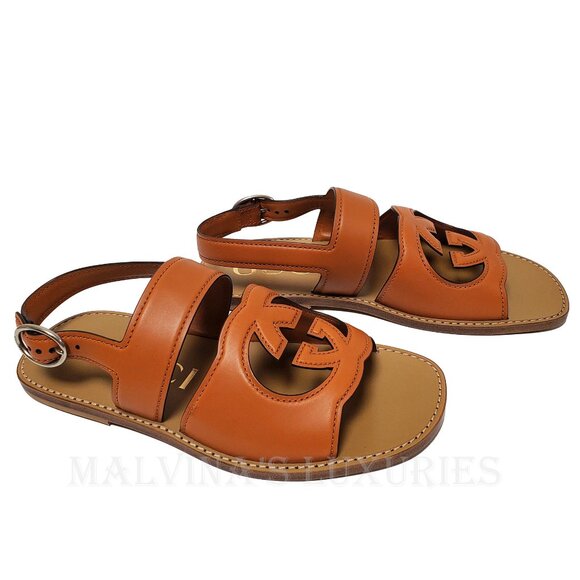 GUCCI SHOES MENS BROWN LEATHER CUTOUT INTERLOCKING G LOGO SANDALS sz 8 / 8.5 - Picture 5 of 16